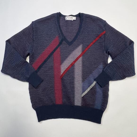 Vintage St Croix Sweater Mens Large Blue Red Wool V Neck Abstract Geometric 90s - Picture 1 of 8